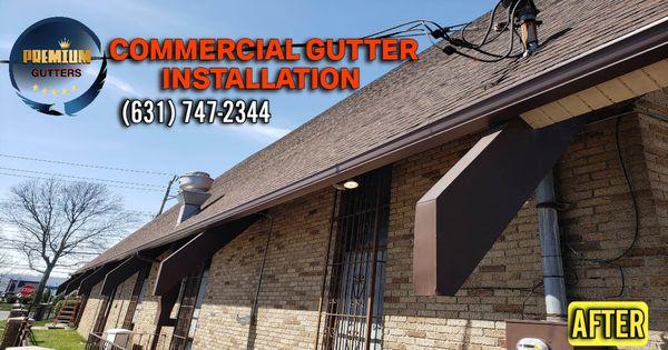 COMMERCIAL BROWN SEAMLESS GUTTER INSTALLATION 
(631)747-2344
@premiumgutters