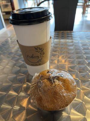 Chai tea latte and pumpkin chocolate chip muffin