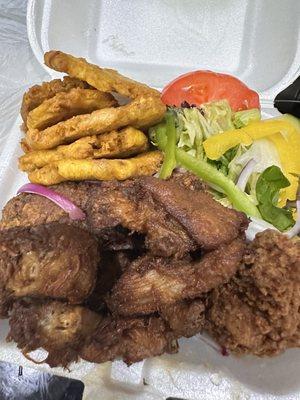 Chicken wings and Fried Pork (Grio) with Fried Plantain plus small salad