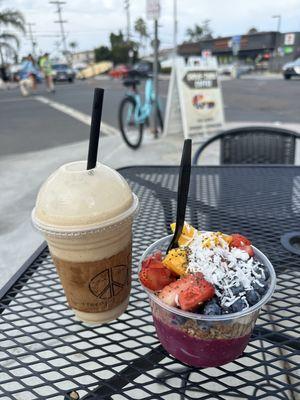 Ocean beach açaí bowl + therapy blend (coffee, peanut butter, honey, protein)