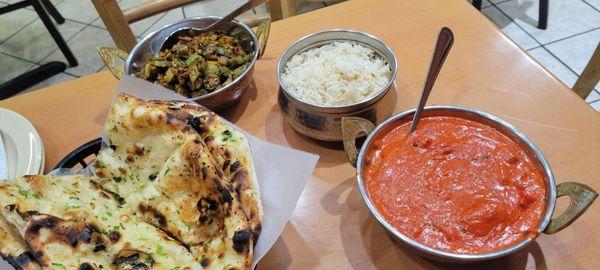 Garlic Nan, bhindi, and paneer makhani!  The dishes were tasty.