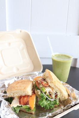 TBA sandwich on focaccia bread  Matcha Mania smoothie!