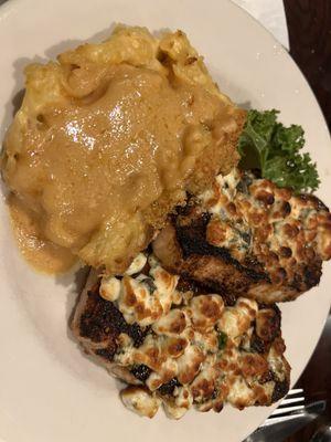 Pork chops with Cajun seasoning and blue cheese with smoked mac and cheese