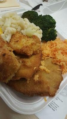 2 meats and 2 sides for $6.99 (cod and breaded pork cutlet, rice and steamed veggies)