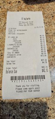 Lunch receipt