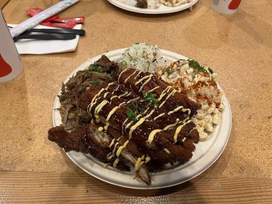 2 Item plate with Kalua Pork, Katsu Chicken, Rice, and Mac Salad.