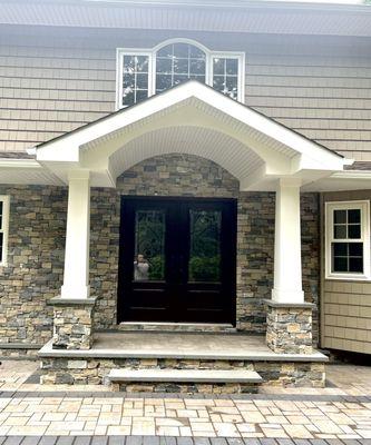 Incredible custom portico w/ amazing stone work. Smithtown, NY August 2021