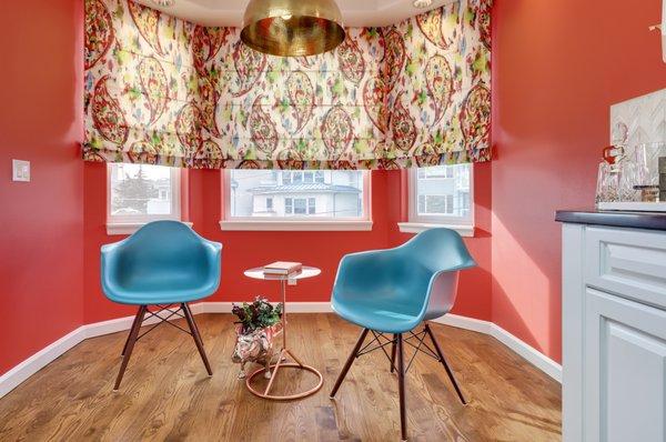 Conversation nook in Kitchen with custom drapery by Ashleigh Underwood Home & Interior Design, your full service interior design company.