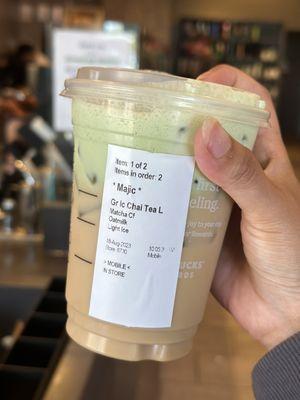 Trying something new today!!! This is the iced chai latte with matcha cold foam