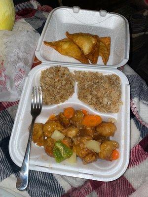 Sweet and sour chicken, fried rice, Rangoons