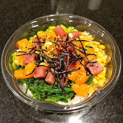 Ahi Tuna and Salmon Poké Bowl with Corn, Edamame, Seaweed Salad, Sesame Seeds & Shredded Nori