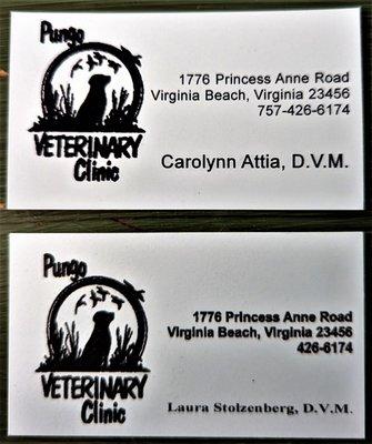 These are the business cards of the veterinarians at this business.  Photo taken June 17, 2023.