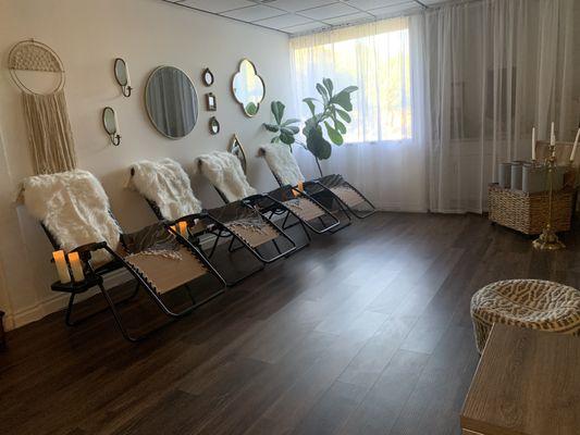 community Acu-Spa + sound bath room.  Acu-spa is a way to receive the benefits of acupuncture at a lower rate in our cozy meditation room.