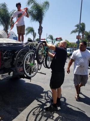 The HB Bike manager not only installed the bike rack on our truck but helped us mount our three bikes onto it.