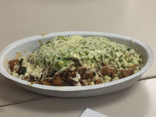 Burrito Bowl, chorizo, Guacamole, sour cream, corn, cheese, brown rice AMAZING