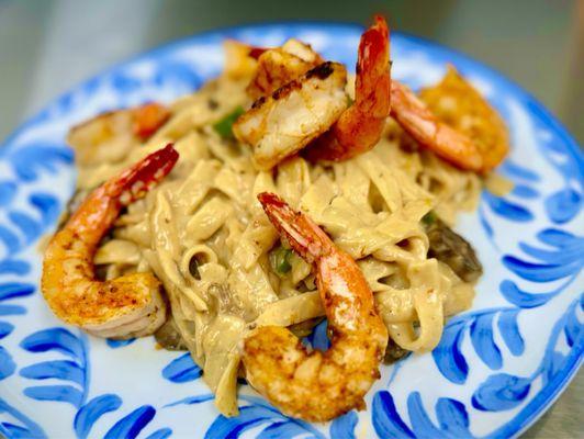 Grilled Shrimp over Creamy Pasta Sauce