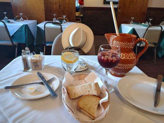 Thick cut Portuguese bread and red sangria for starters.