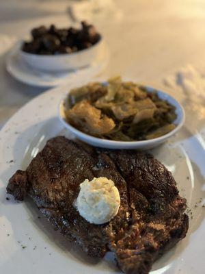 196 ribeye, peasant cabbage, glazed mushrooms