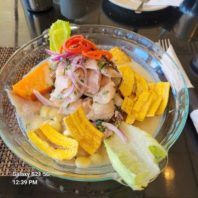 Cerviche with plantain and sweet potato sides