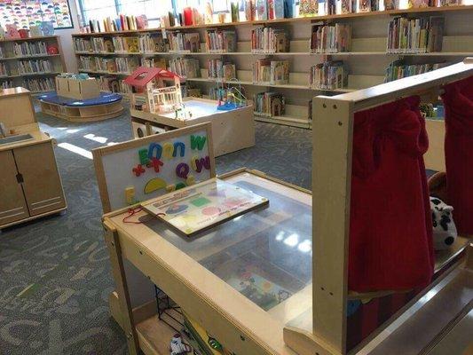 Puppet show stage, some kid size kitchen, puzzles and such for younger kids around this library.