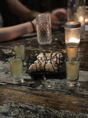 Cannolis and green tea shots