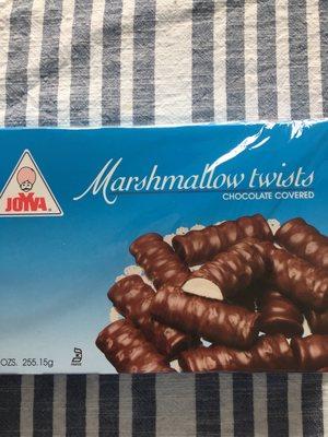 9 ounce box of Joyva chocolate covered marshmallow twists.