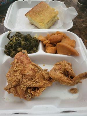 Full Plate View- Turnips, Sweet Potato Yams, White Meat Fried Chicken, & Cornbread