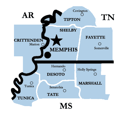 Memphis serves Shelby, Tipton, Fayette Co in TN; Crittenden Co in AR; Desoto, Tate, Tunica, Marshall Co in MS