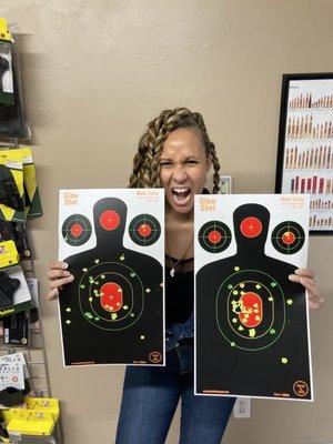 Target practice with a BB gun my 1st day at class. The one on my rght was my 1st attempt & the on my lft was my 2nd. I was READY