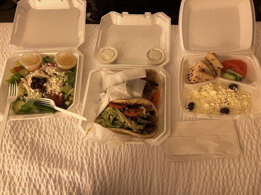 Large Greek Salad, Lamb Gyro (Greek) Sandwich, Greek Feta Platter (Greek) Appetizer