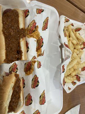 Hotdog with the homemade chili and french fries