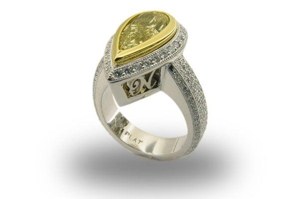 Handmade, Micro Pave , Platinum and 18kt Yellow Ring with Large Internally Flawless Fancy Yellow Diamond.