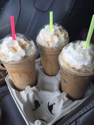 Blended vanilla latte, blended caramel latte, white chocolate mocha over ice.