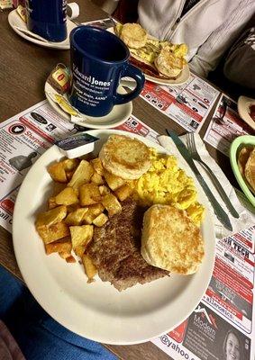 Hometown Breakfast... two scrambled eggs, home fries, locally sourced sausage, and a split biscuit crisped on the flat top... yum!