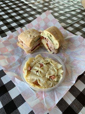 Sandwich and bowtie pasta salad