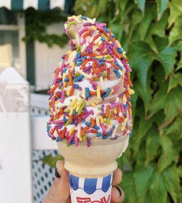 Soft serve chocolate and vanilla swirl with rainbow sprinkles!