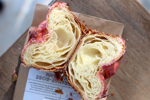 Inside of blood orange rose kouign amann ($5) from Flightless Patisserie