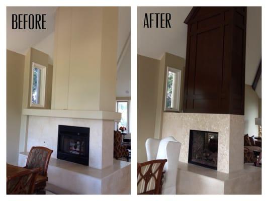 This fireplace made a beautiful statement piece in this home. We added dark woodwork at upper and herringbone tile at fireplace.