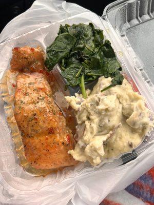 Steamed salmon with sweet chili sauce, Mashed Potatoes and steamed spinach.