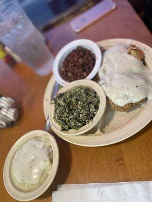 Chicken Fried Chicken W/ Milk Gravy, Italian Spinach, Field Peas W/snaps with Fresh Mashed Potatoes and Milk gravy.