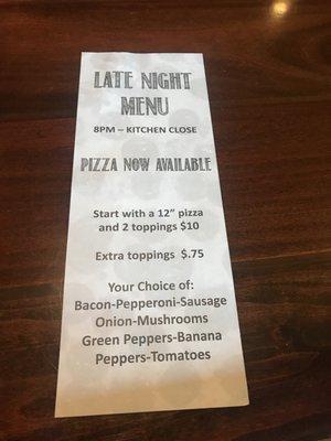 Late night menu