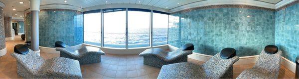 Panorama shot of thermal suites. One of few thermal suites on Royal Caribbean with a view.