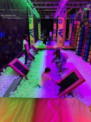 Fun ninja-style course with ball pit with 4 courses. You wait in line, & staff monitors how many kids are in there, which is nice.