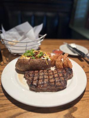 NY New York Strip Steak, Loaded Baker, fried shrimp