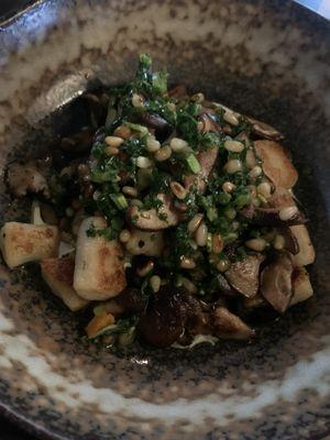 Potato Gnocchi with Lemon Ricotta, Mushrooms, Broccoli Rabe, and Pine Nut Pesto