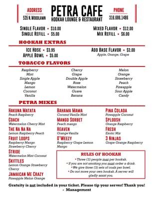 Petra Cafe Hookah Menu