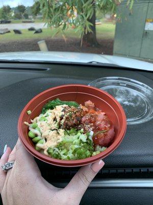 Small poke bowl $12+ (not worth the price, but was yummy)