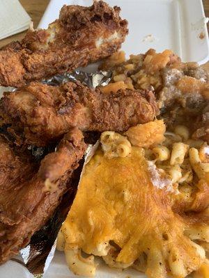 Golden Fried Chicken Small Platter Baked Mac and Cheese Country Style Yam Casserole