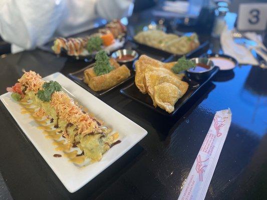 Ocean Roll , Spicy Crab Roll, chicken egg roll , gyoza and crab Rangoon !