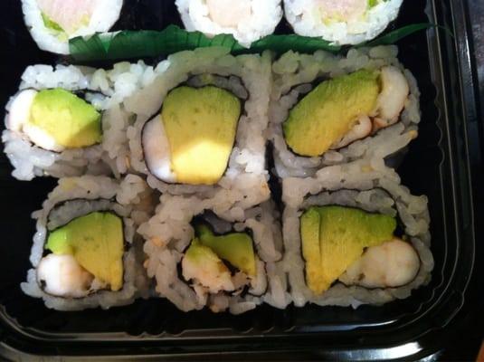 Shrimp avocado roll with hardly any shrimp and way too much avocado - skip this place